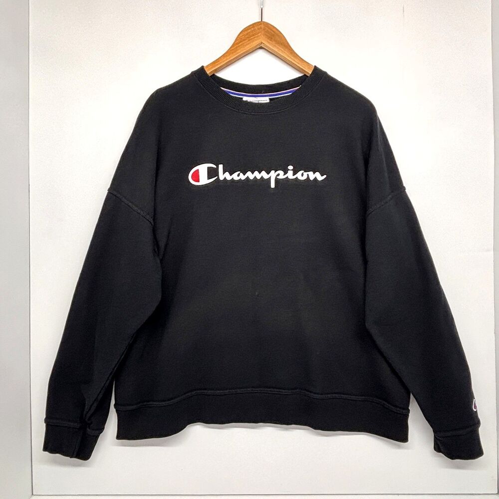 Champion Sweatshirt Fleece Pullover Black Crewneck Script Logo Men's 2XL